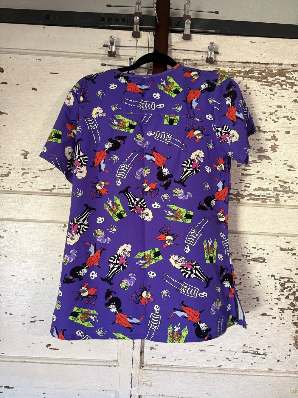 Disney Purple Scrub Top with Multicolor Beetlejuice size small/medium - Picture 2 of 3